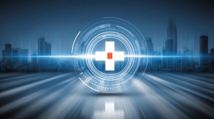 Futuristic digital healthcare symbol over cityscape background with blue tones.