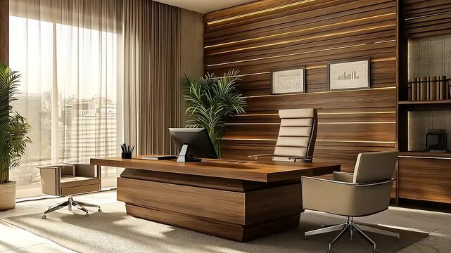 Modern executive office with wooden decor, large window view, and sleek furniture, ideal for business settings