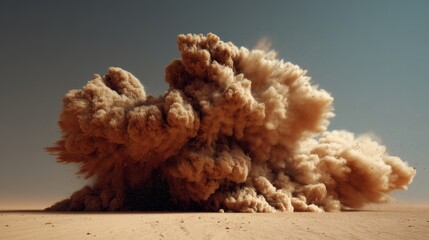 Dust cloud rising from desert floor, low angle shot, arid landscape, environmental impact, climate change, natural phenomenon