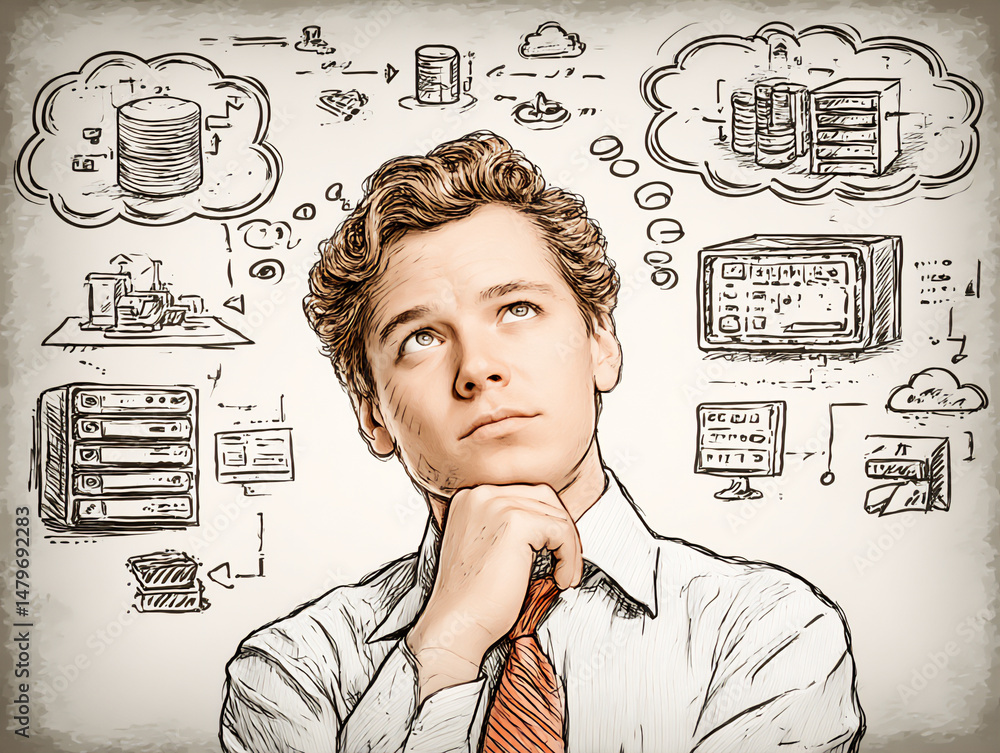 Poster a vector illustration of a businessman with a thought bubble containing icons representing cloud com
