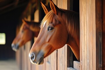 Fototapeta premium Horses in Stalls. Beautiful Bay Horses in Stable Boxes