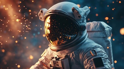 Fototapeta premium Astronaut in space suit amidst cosmic dust and fiery particles