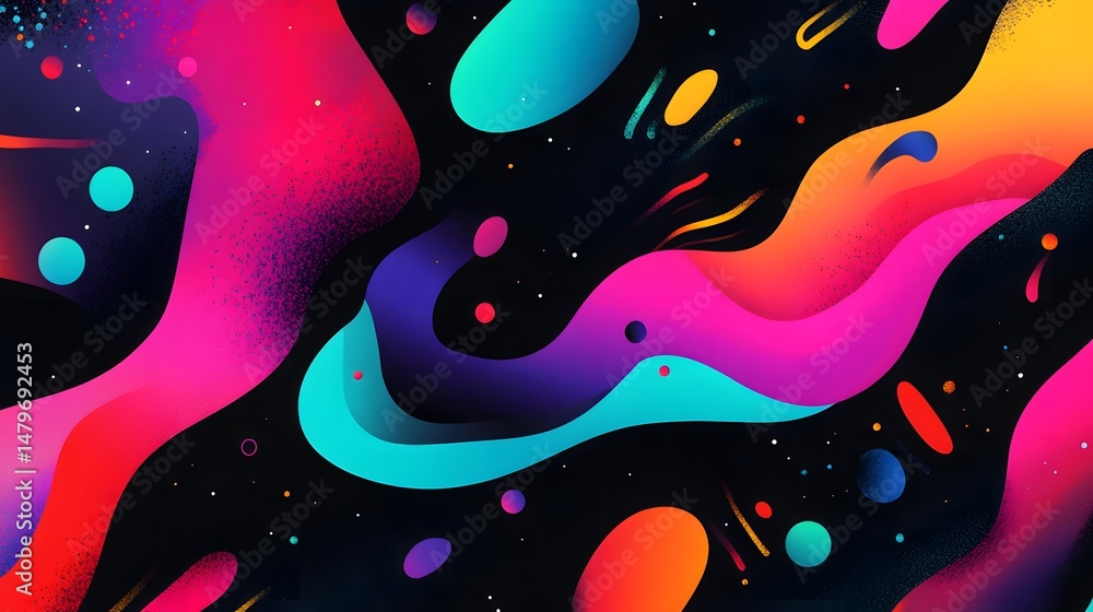 Poster a colorful abstract painting with many different shapes and colors. the painting is full of energy a