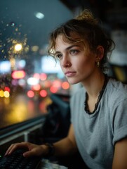 Young woman with curly hair and piercings looking out the window on a rainy night in an urban setting