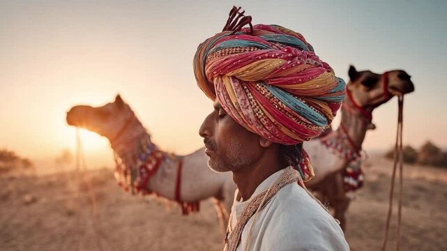Rajasthani Man with Camels at Sunset: A serene portrait of a Rajasthani man, adorned in a vibrant turban, standing alongside his camels as the sun sets.