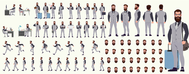 Man Character design. Front, side, back view and explainer animation poses. Character set with lip sync and facial expressions of Happy, angry, sad, Joy with Side walk cycle animation sequence sprite 