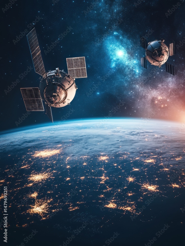 Poster satellites orbit earth with glowing city lights and nebula in background high angle view space explo