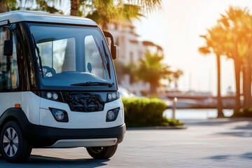 Hotel Electrical. Golf Car Close Up at Sea Resort with Long Electric Shuttle Passenger Bus