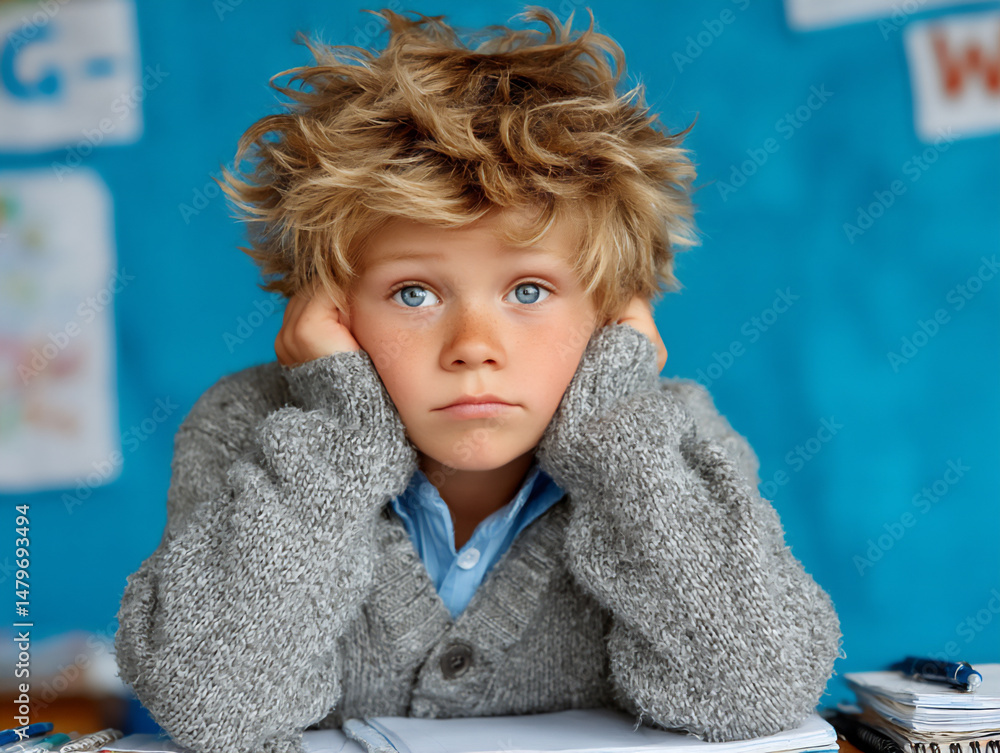 Poster an image of a student leaning on their hand with a pen, looking contemplatively at a notebook, symbo