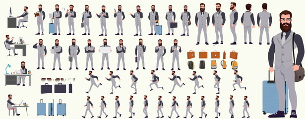 Man Character design. Front, side, back view and explainer animation poses. Character set with lip sync and facial expressions of Happy, angry, sad, Joy with Side walk cycle animation sequence sprite 