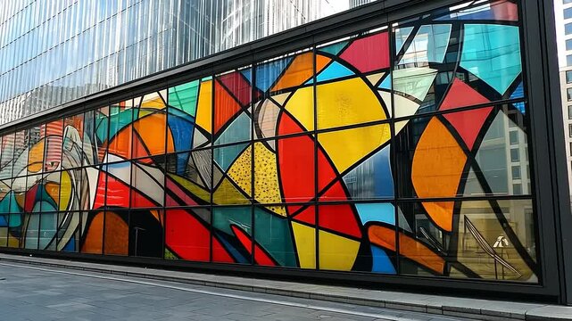 Vibrant stained glass mural on modern building showcasing colorful geometric patterns in urban setting