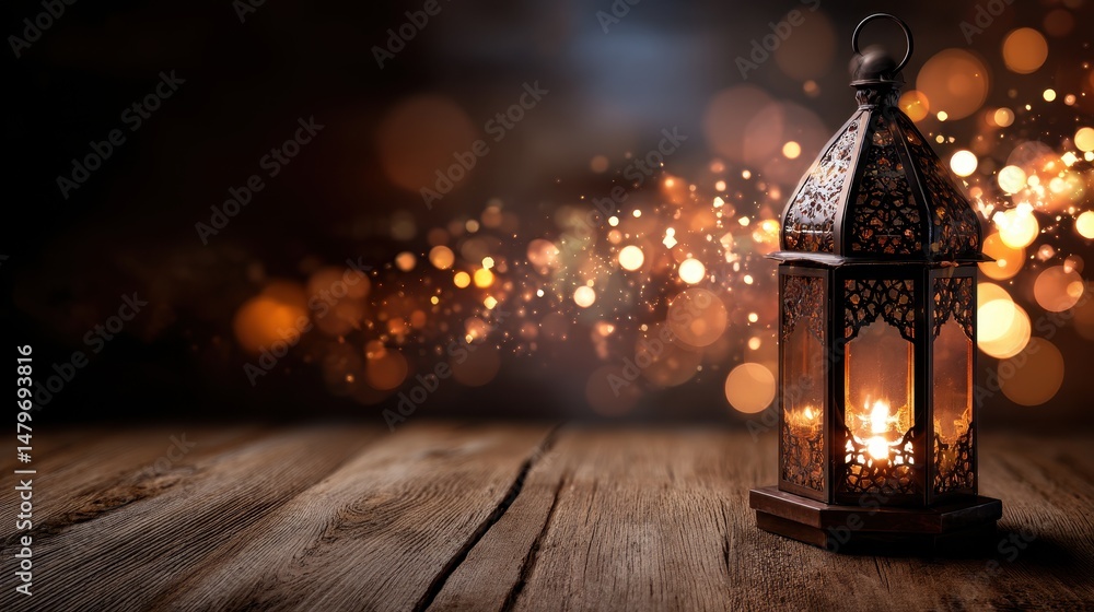 Aufkleber warm glowing lantern creating a spiritual atmosphere with soft light and sparkling bokeh effects