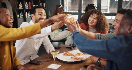 Restaurant, happy and friends cheers with pizza for social gathering, event and party. Diner, smile...