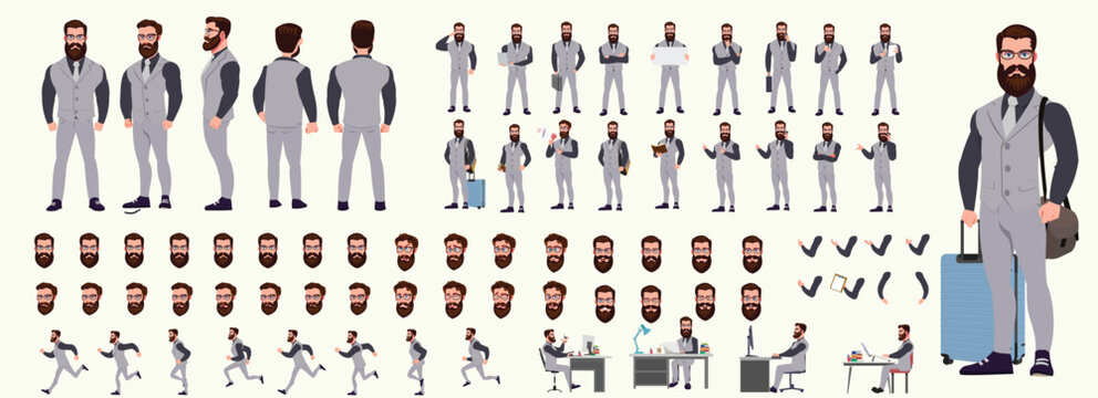 Man Character design. Front, side, back view and explainer animation poses. Character set with lip sync and facial expressions of Happy, angry, sad, Joy with Side walk cycle animation sequence sprite 