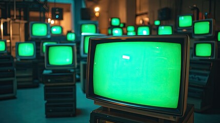 A multitude of old televisions displaying green screens stacked on top of each other in a dark room