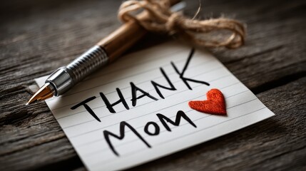 Fototapeta premium Heartfelt Thank You Message Written on Card to Show Love and Appreciation for Mother on Rustic Wood Background