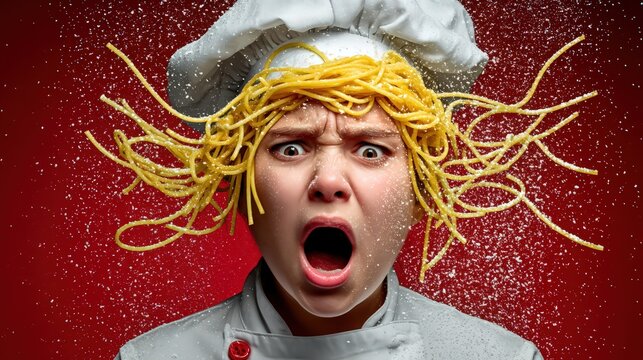 A young chef displays alarm and frustration while holding a fork, surrounded by flying ingredients. His spaghetti hair adds a whimsical touch amidst a chaotic kitchen backdrop