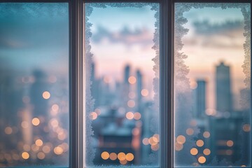 Naklejka premium Frosted Window City Skyline Dreamy Soft Tones and Bokeh Effects