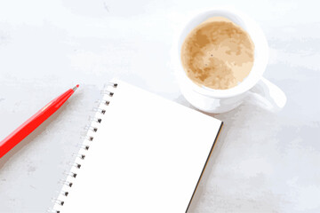 Open Notebook Page with cup of coffee and pen, Vector
