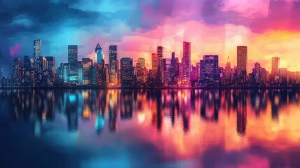 Obraz premium Vibrant urban skyline at sunset with reflective water and abstract colors