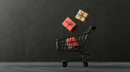 Black toy shopping cart with three levitating gift boxes on gray background with copy space.