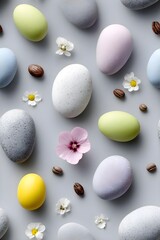 Obraz premium Colorful Easter eggs surrounded by flowers and coffee beans