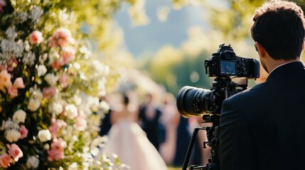 A videographer capturing a scenic wedding ceremony with professional camera gear.