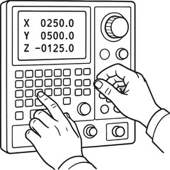 Worker hands pressing buttons of CNC Machine control panel