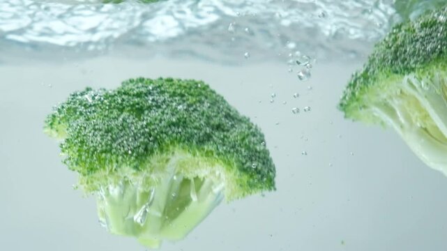 Fresh Organic Broccoli Drops Into Water Creating Splash and Bubbles.