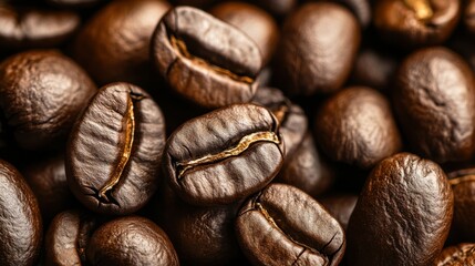 Naklejka premium Background of large coffee beans macro, brown trendy color, mocha mousse style