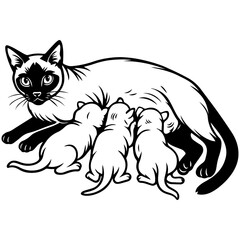 Mother cat nursing three kittens, black and white vector illustration showing care, motherhood, and the bond between animal and babies