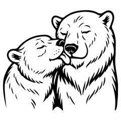 Two bears cuddling and licking, black and white vector illustration showing affection, love, and tenderness in wildlife