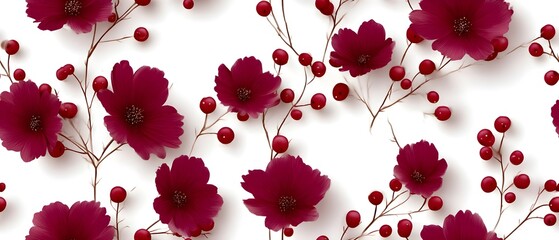 Elegant floral pattern with burgundy flowers and red berries