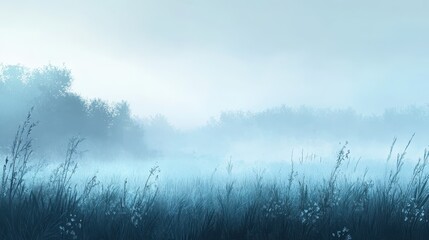 Obraz premium Hunting Land. Morning Mist over Wild Meadow Landscape with Bright Blue Sky