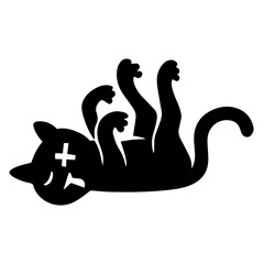 Funny silhouette of a dead cat with X eyes and curled paws, black and white vector illustration in dark humor minimalist cartoon style
