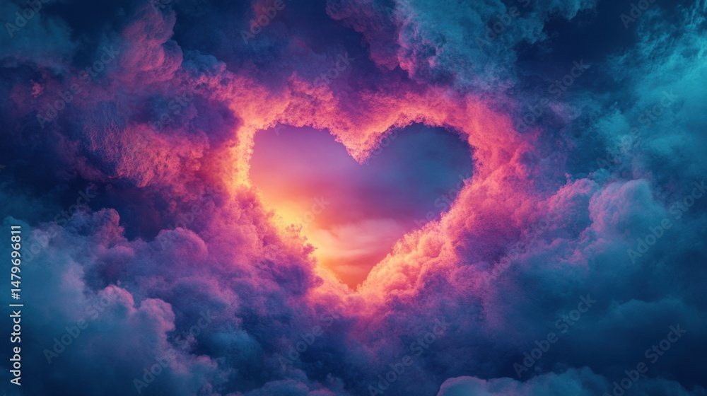 Poster beautiful colorful valentine day heart in the clouds as abstract background, made with generative ai