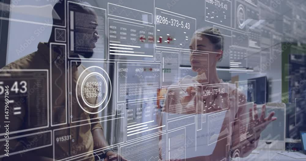 Poster coworkers analyzing holographic data interface in business office, showing charts and graphs