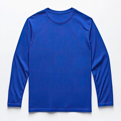 Fototapeta premium Long-sleeved T-shirt mockup, blue color, front view, white background, no human model, no text or logo on the shirt.