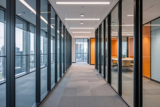 Sleek Minimalist Office Corridor Featuring Expansive Glass Panels and Meeting Room Access