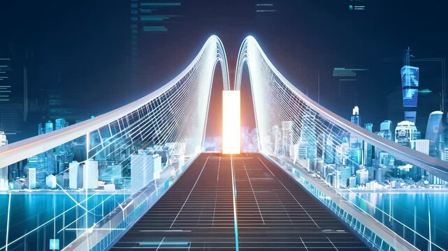 Futuristic Cityscape Bridge Animation With HUD Data Overlay 4k 60.