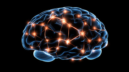 A glowing blue brain with interconnected neural pathways illuminated by orange lights against a black background