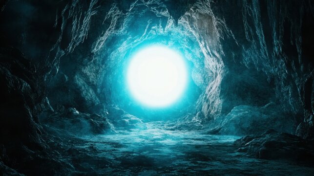 A magical portal with a blank glowing center in a dark cave.