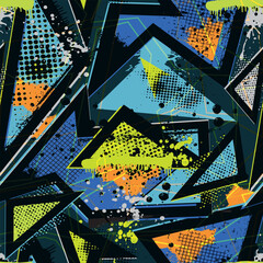 Abstract seamless geometric pattern. Grunge urban repeated backdrop for textile, wrapping paper. Lines elements, triangles, arrows in bright blue, green, black colors.