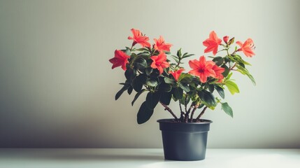 Fototapeta premium Styled red floral decor arranged neatly in a glossy pot over white background for a minimal, modern vibe