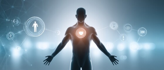 Obraz premium A digital silhouette of a human figure with health and technology icons, highlighting the heart and medical data in a futuristic setting.