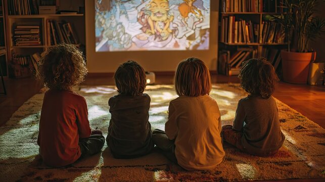 Children sitting on a carpeted floor, watching animated movie via projector at home