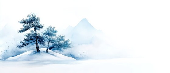Fototapeta premium Minimalist watercolor painting of snowy pine trees and mountains in serene, wintry landscape on a white background.