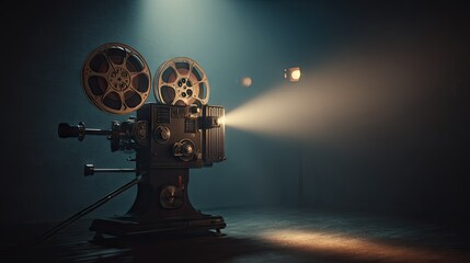 Fototapeta premium Classic reel-to-reel film projector running in a dark room with cinematic atmosphere