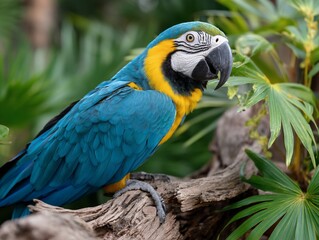 Obraz premium Vibrant blue and yellow parrot perched on a weathered branch in a lush, green environment