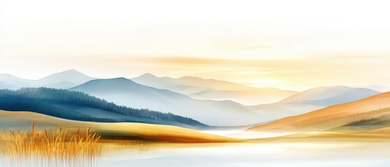 Obraz premium Serene sunrise over misty mountains, golden fields, and a calm lake with soft light illuminating the landscape.